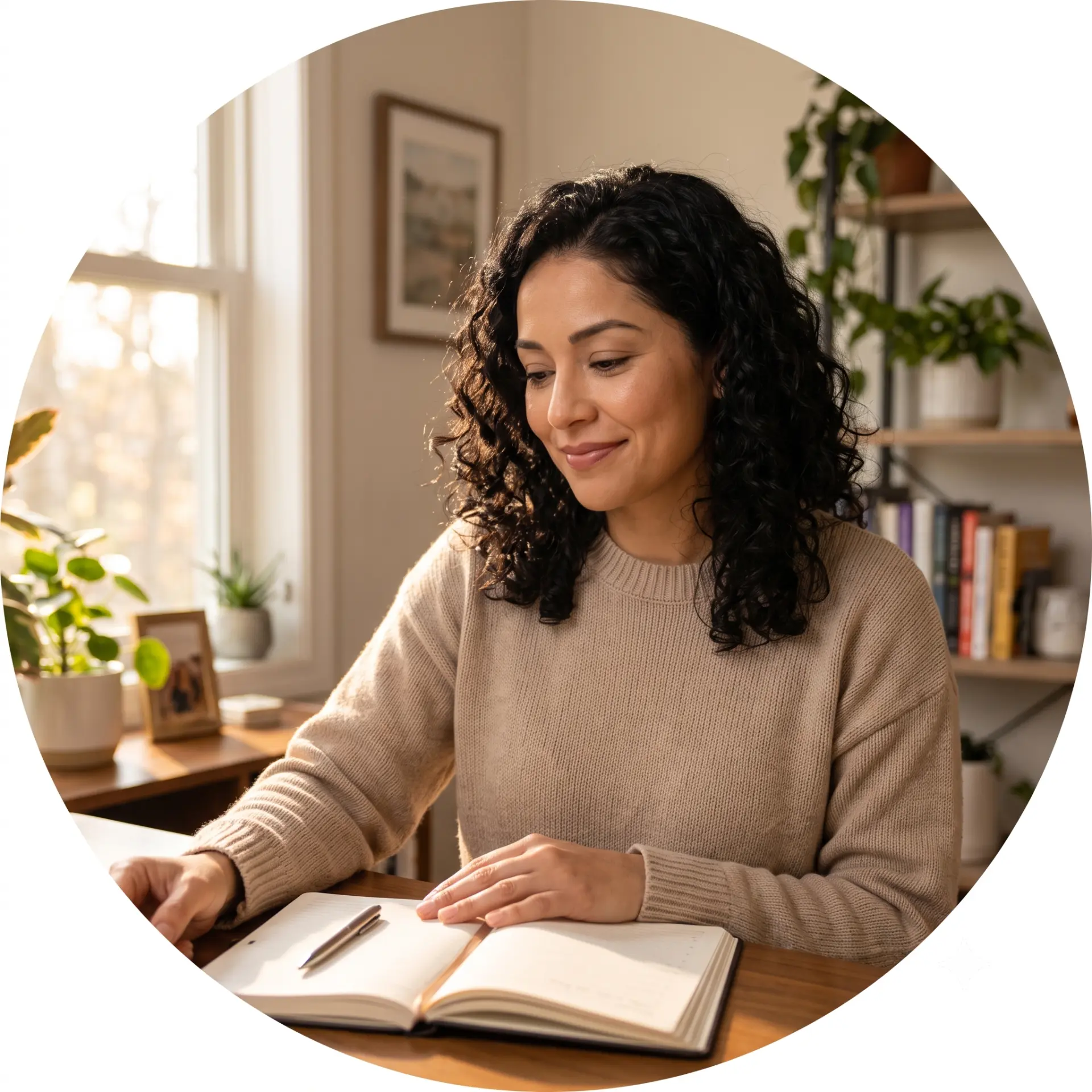 Creadora escribiendo en su cuaderno